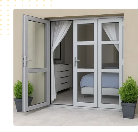 Bi fold patio doors with white frames and large glass panes