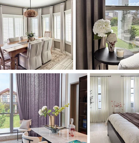 College of different windows showing linen curtain