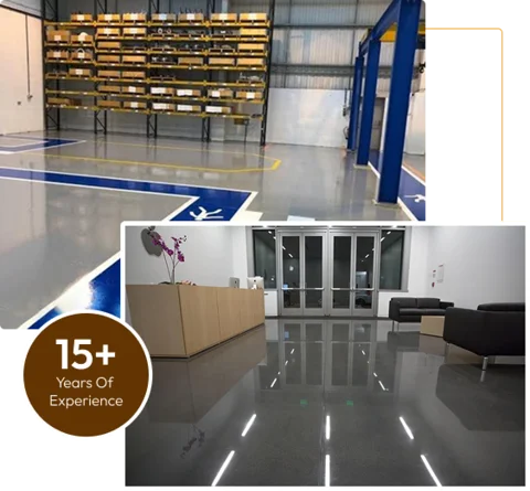 High gloss gray epoxy flooring in commercial warehouse and office reception