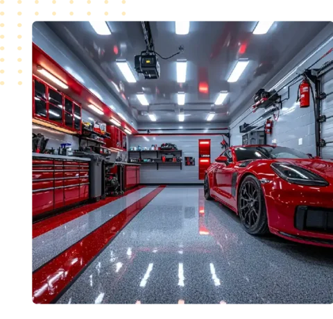 Luxury garage with glossy gray epoxy flooring