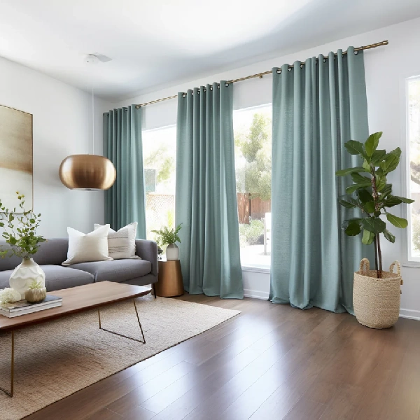 Mint green grommet-style curtains