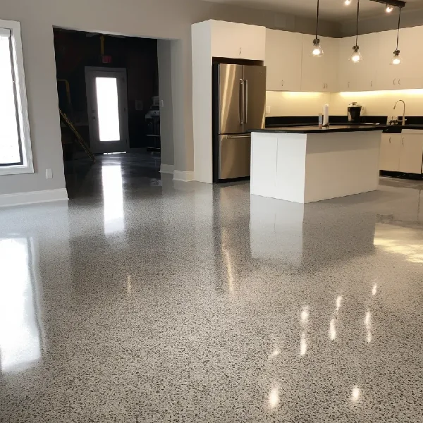 Polished epoxy floor with gray terrazzo finish