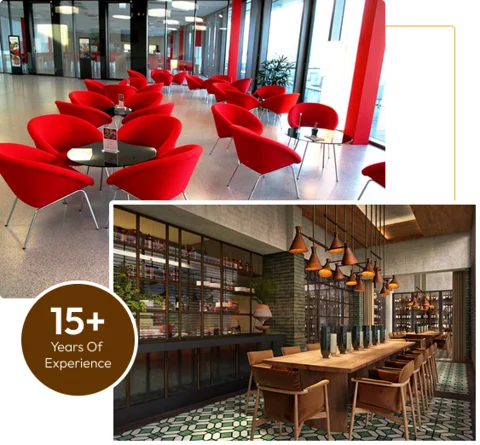 Red armchairs in restaurant hall and a communal table in a restaurantRed armchairs in restaurant hall and a communal table in a restaurant