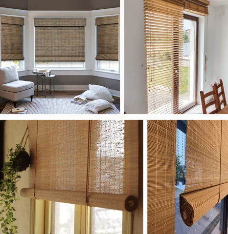 Roman shades in a bay window, horizontal slat blinds