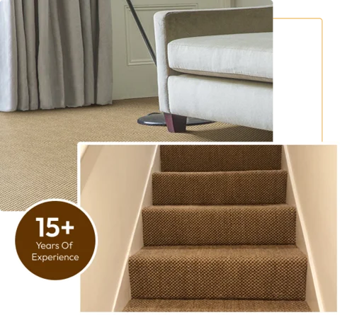Sisal carpet on floor and stairs with a chair and curtain