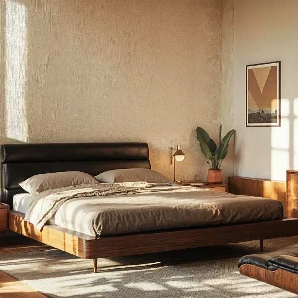 bed with a dark leather headboard and wooden frame