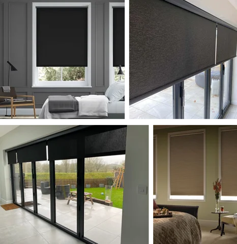 black and dark gray blackout roller blinds on bedroom windows