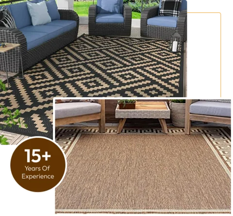 black and tan geometric pattern, and solid brown outdoor carpet