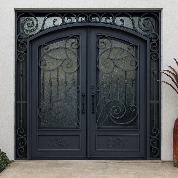 black wrought iron double entry doors with elaborate scrollwork