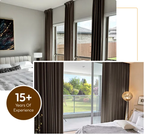 brown linen curtains in two different bedrooms