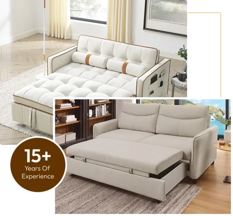 collage of two cream colored pull out sofa beds