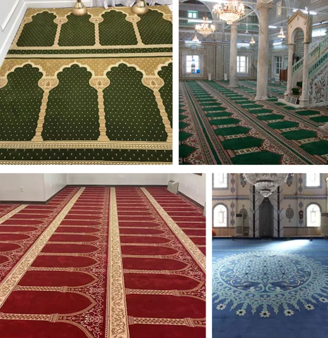 collage showing four different styles of mosque carpets