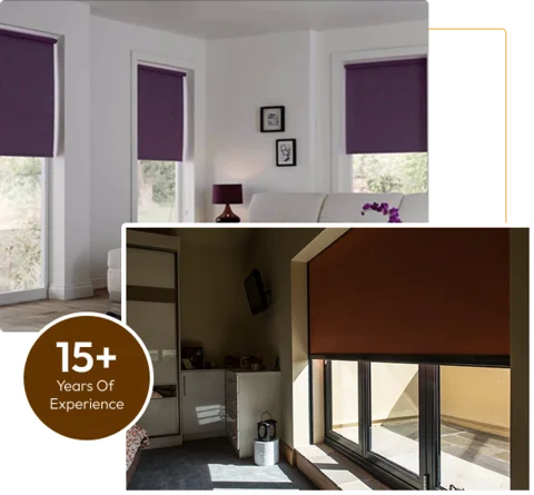 collage showing three purple blackout roller blinds