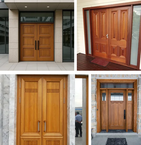 college showing four styles of custom wooden entry doors
