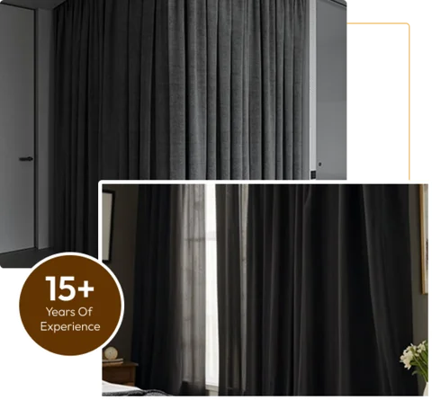 dark grey blackout curtains, one set acting as a room divider