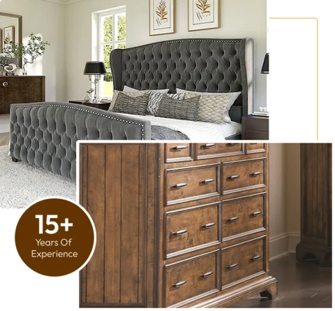 dark grey velvet tufted bed and dark wooden chest of drawers