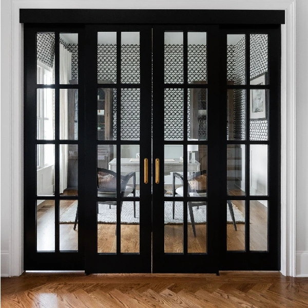 double doors with multiple glass panes and brass handles