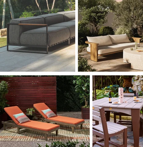 grey sofa with a black frame, a light wood sofa, two wooden chaise lounges
