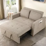 light brown fabric sofa bed partially pulled out into a chaise lounge