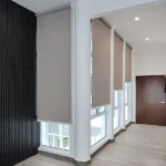 light gray roller blinds partially covering tall windows