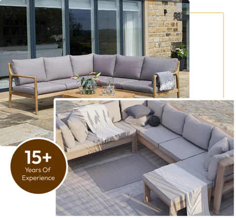 light wood sectional outdoor sofa with grey cushions