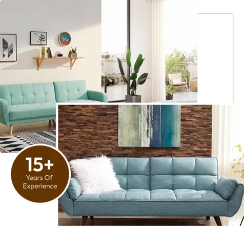 mint green mid century style sofa and a blue button-tufted sofa