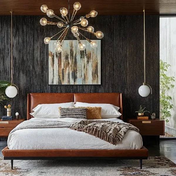 modern bed with a rich brown leather headboard and frame