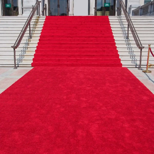 plush red carpet extending up a grand outdoor stone staircase