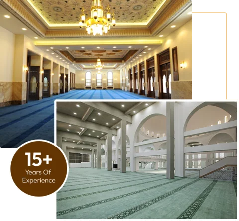 prayer hall with blue and green patterned mosque carpets