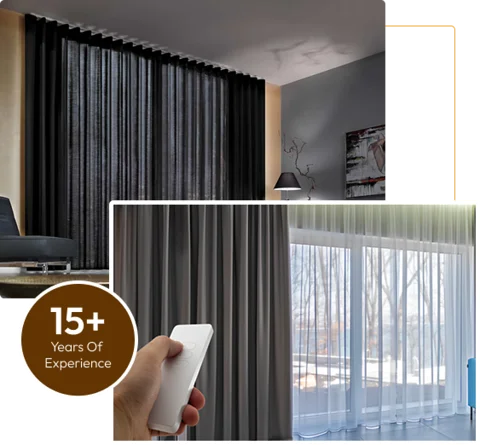 remote control next to sheer white and grey curtains