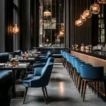 restaurant interior with plush blue velvet dining chairs