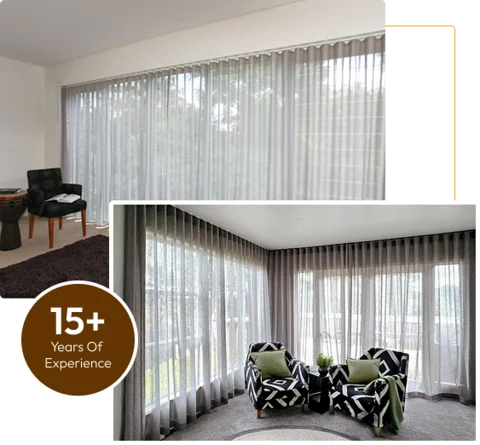 sheer white and grey wave fold curtains in two different modern living spaces