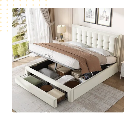 storage bed with a button tufted headboard, showing the mattress lifted