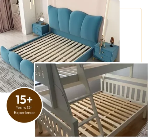 velvet bed with a scalloped headboard, and a white wooden bunk bed frame