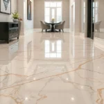 white and beige metallic epoxy floor with gold marble-like veining