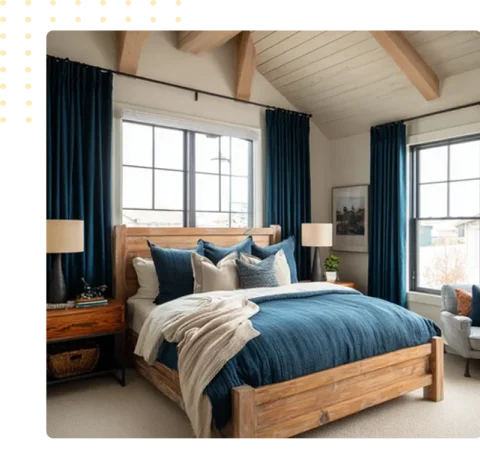 wooden bed and dark blue blackout curtains framing two windows