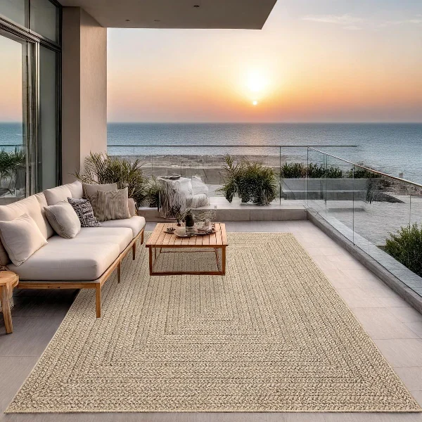 Beige, chunky braided outdoor rug on a terrace