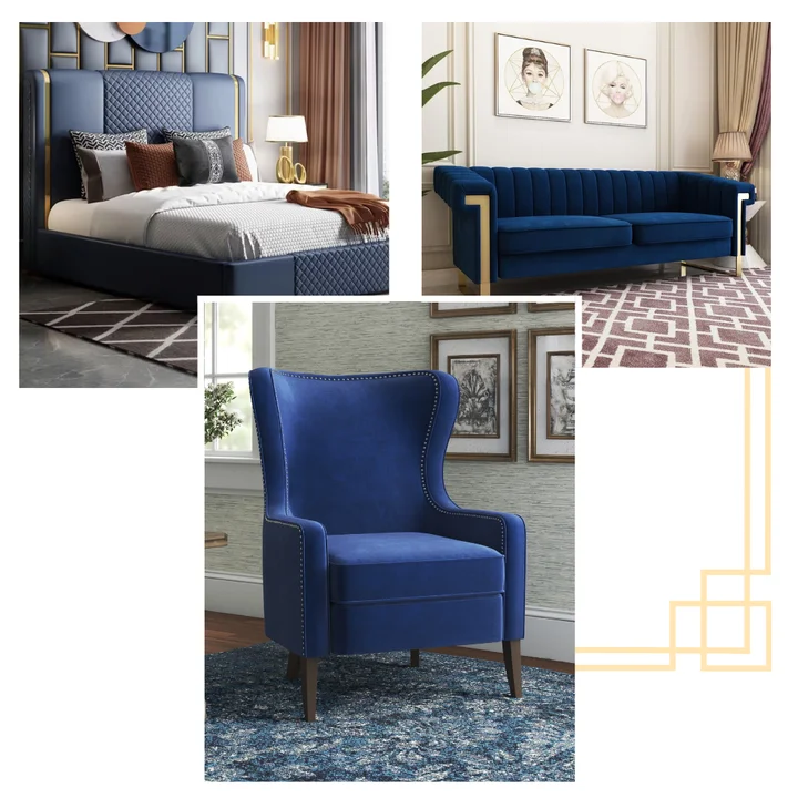 Blue color furniture including sofa, bed and chair