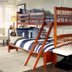 Brown wooden bunk bed with a ladder