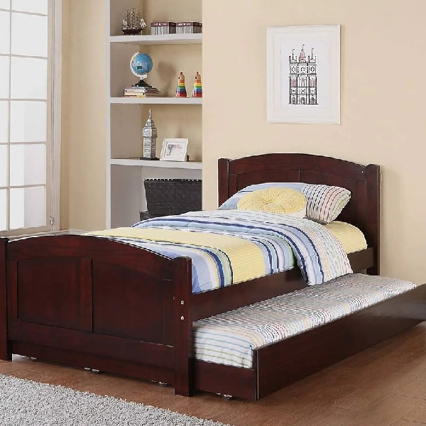 Dark brown twin trundle bed with a curved headboard