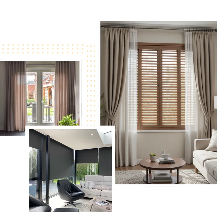 Different areas including linen curtain, blackout curtain anf blackout blind
