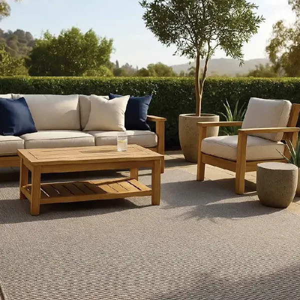 Gray and white patterned outdoor rug