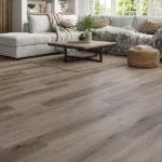 Gray-brown weathered wood-look SPC flooring