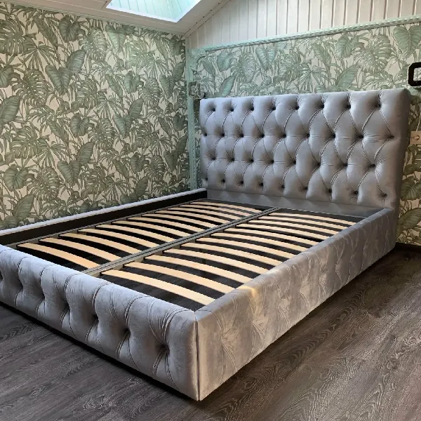 Grey velvet tufted bed frame and extra-tall headboard