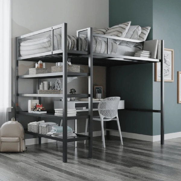 Metal Loft Bed with a black frame and mesh guardrails