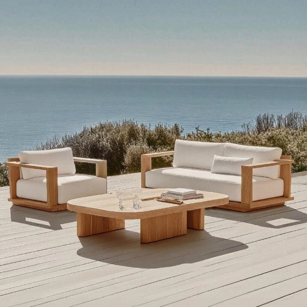Modern outdoor sofa and armchair with light wood frames