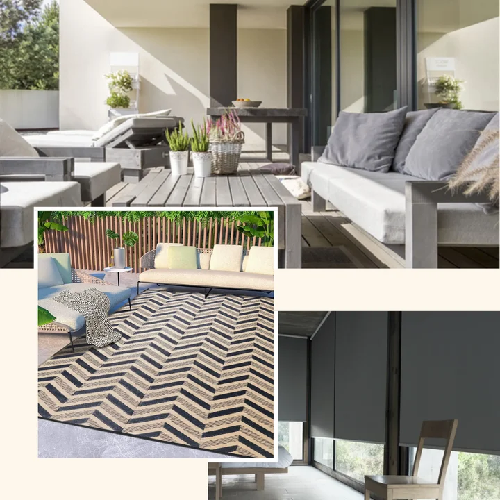 Outdoor carpet and furniture and blackout blinds