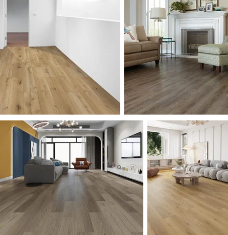 SPC flooring in four different wood look styles in residential rooms