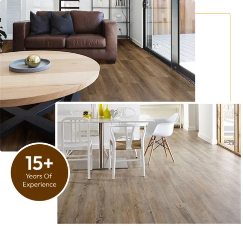 SPC plank flooring in a living room and a dining area