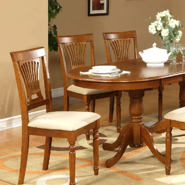 Warm-toned wood dining chair with a fan-style slatted back